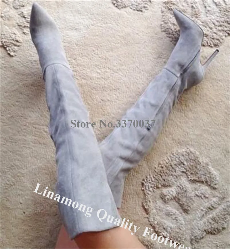 Брендовый дизайн заостренный носок замша кожа выше колена шпилька сапоги синий