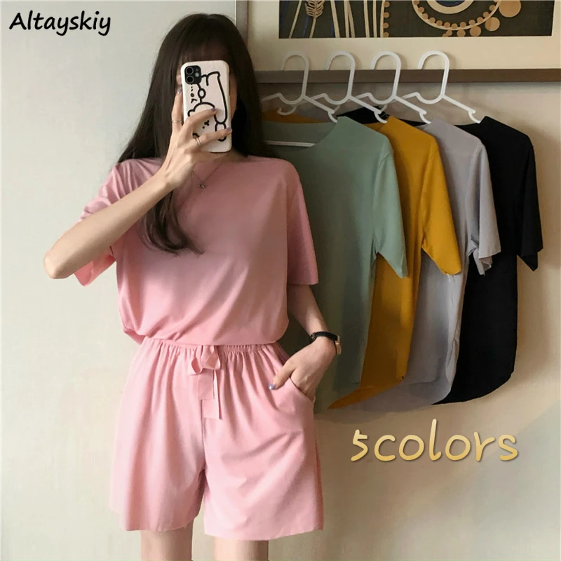 Пижамный комплект Женский однотонный свободная повседневная домашняя одежда