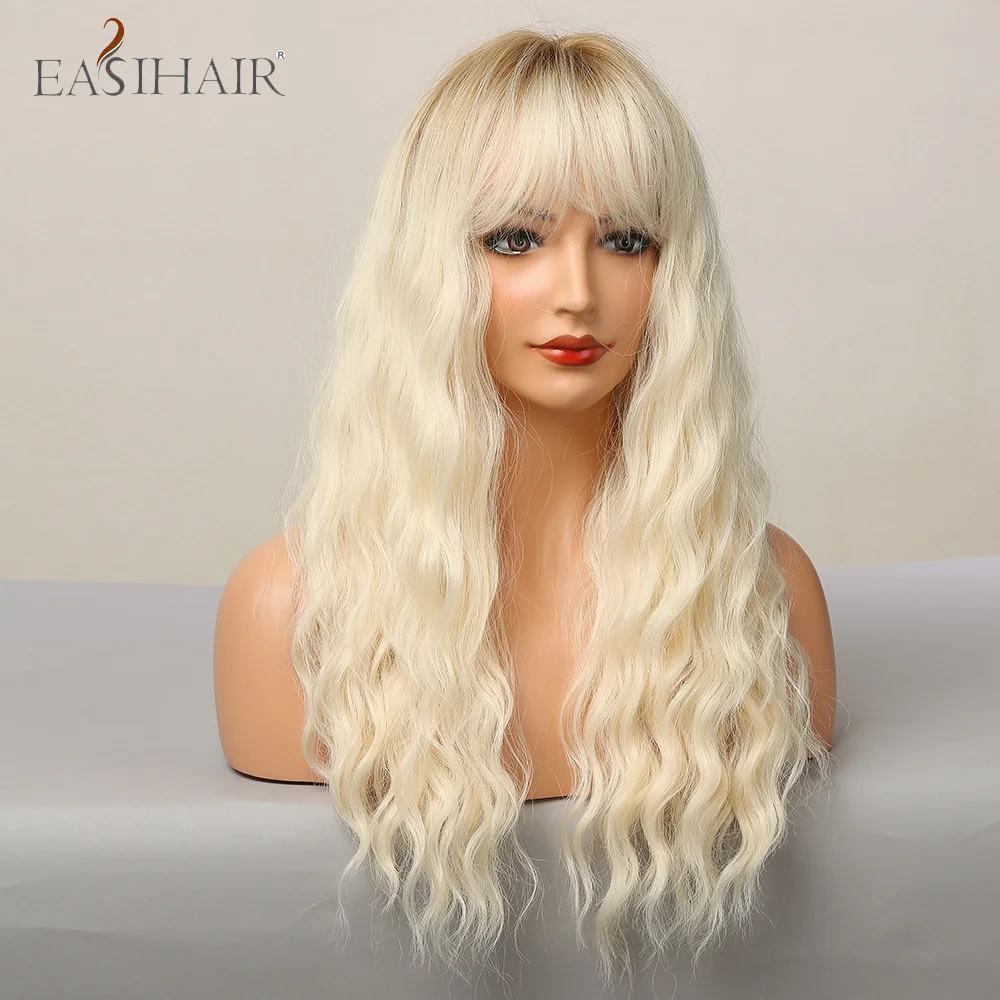 EASIHAIR-Peluca de cabello sintético ondulado para mujer, cabellera artificial larga con flequillo, color rubio platino claro, resistente al calor