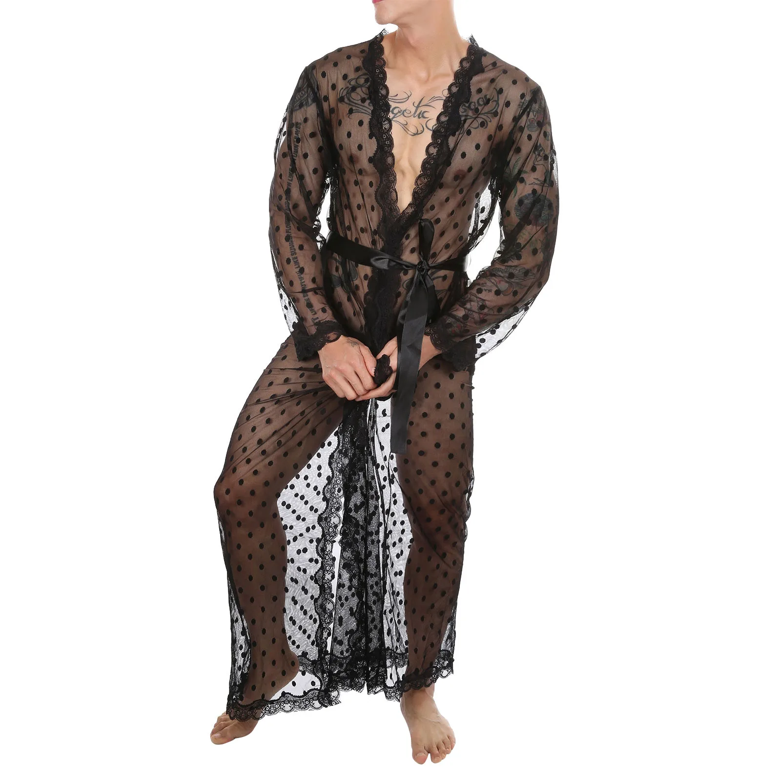 

Men See-through Mesh Lace Trim Kimono Bathrobe Sissy Nightwear Set Dot Pattern Belted Night-Gown with Lace-up G-string