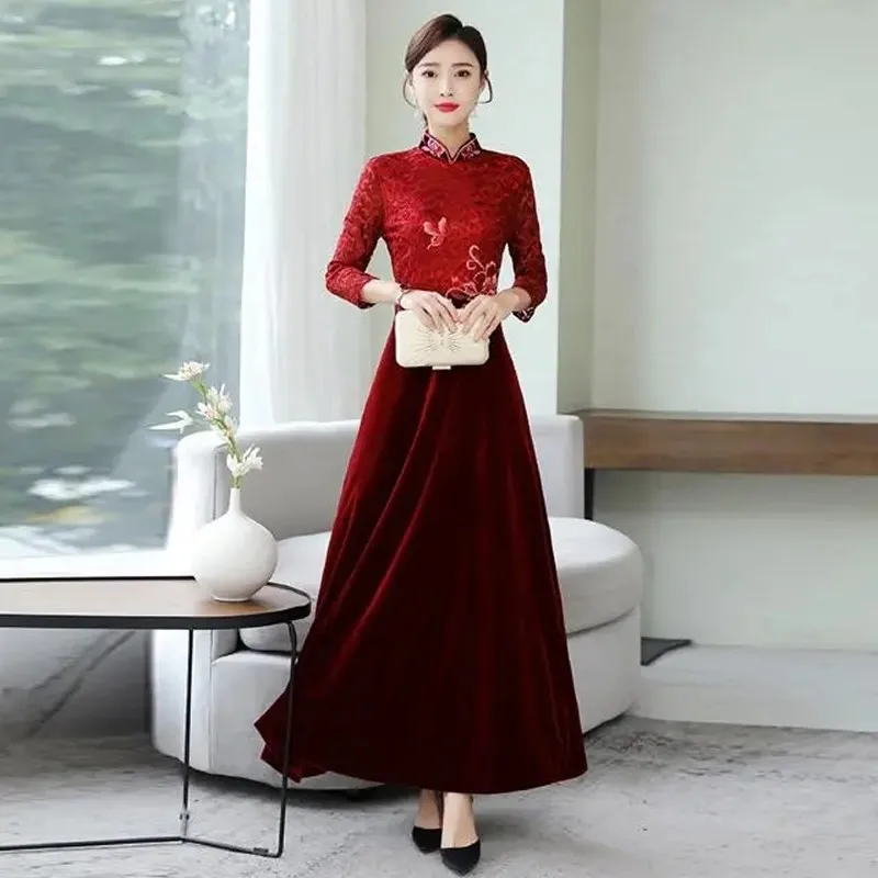 

Новое поступление, женское бархатное длинное платье, Ципао, весна-осень, женские деловые платья, Qipao, бархатная вышивка с принтом