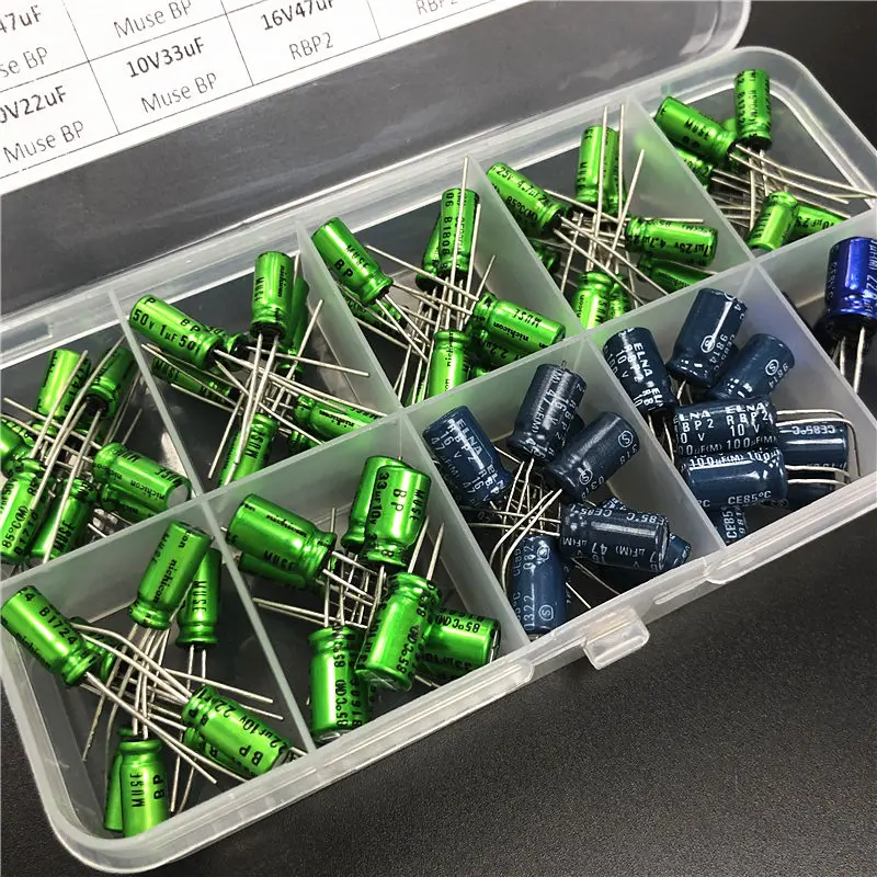 

Nichicon/ELNA Muse BP/RBP2 Bi-Polar HiFi Audio Capacitor assorted kit box assortment 10V~50V, 0.47uF~220uF Non-Polar total 95pcs