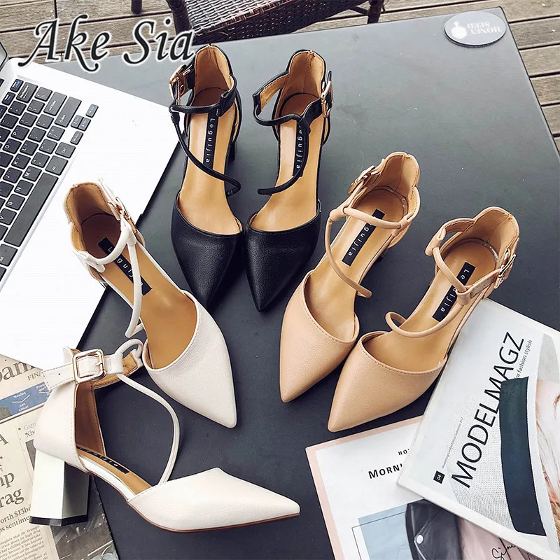 

2020 new sexy comfortable wild thick with single shoes pointed straps high heels shallow mouth fashion wild high heels