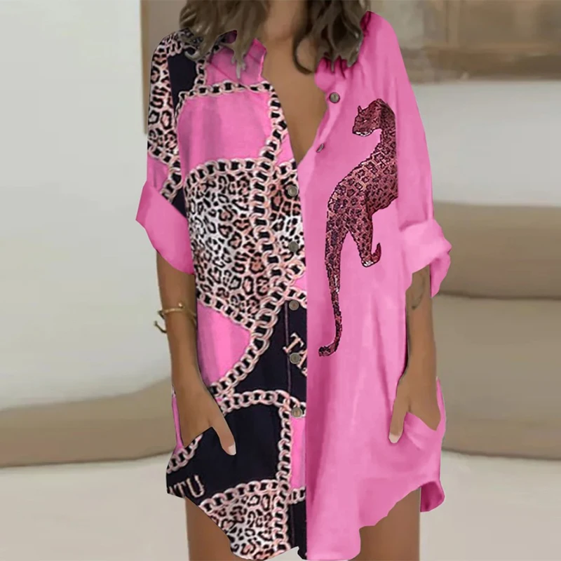 

2021 Spring Autumn Long Sleeve Retro Pattern Animal Leopard Print Split Tee Shirts Long Shirt Turn-down Collar Button Women Tops