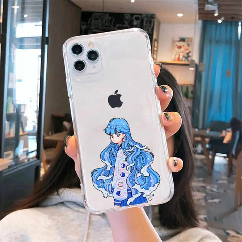 

Wave Hair Girl Phone Case Transparent for iPhone 6 7 8 11 12 s mini pro X XS XR MAX Plus cover funda shell