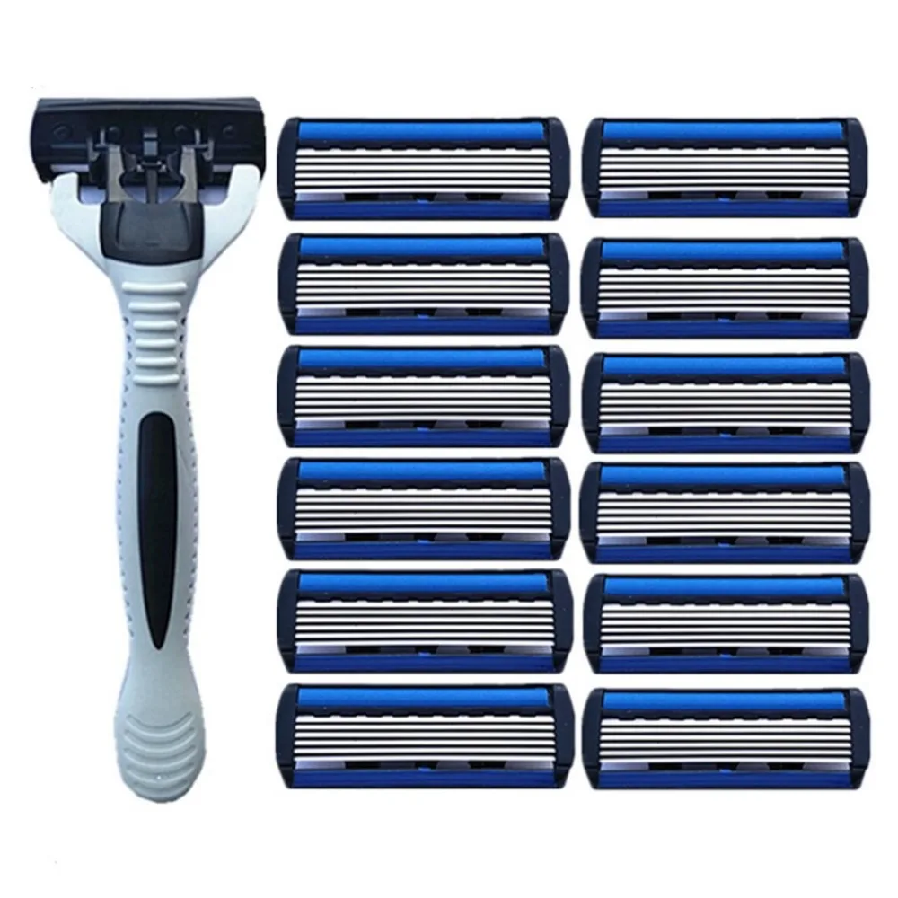 

1pcs Beard Shaver Rack +12 pcs 6-Layer Blades Manual Beard Shaver Manual Hand Safety Razor 6PCS 6-Layer Blade ABS Grip Anti-slip
