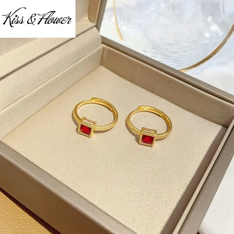 

KISS&FLOWER RI140 Fine Jewelry Wholesale Fashion Woman Bride Birthday Wedding Gift Square AAA Zircon 24KT Gold Resizable Ring