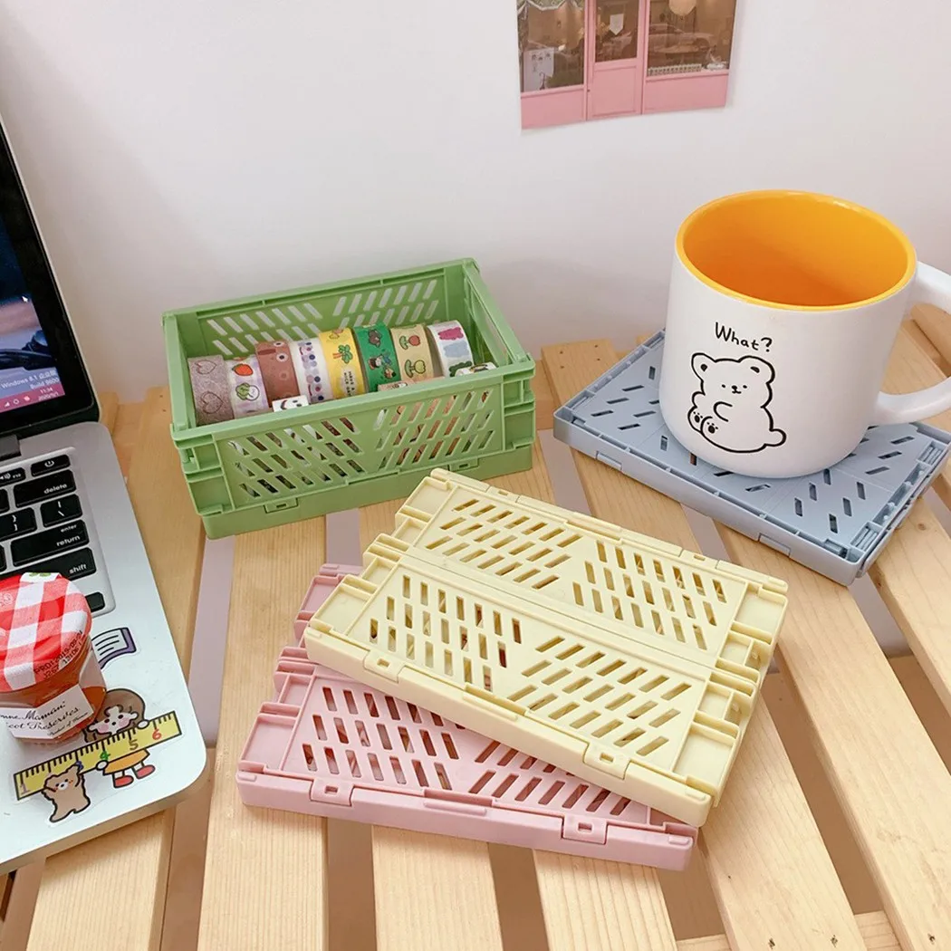 

4 Colors Mini Foldable Plastic Storage Basket Student Desktop Organizing Container Tape Stationery Cosmetic Holder Case