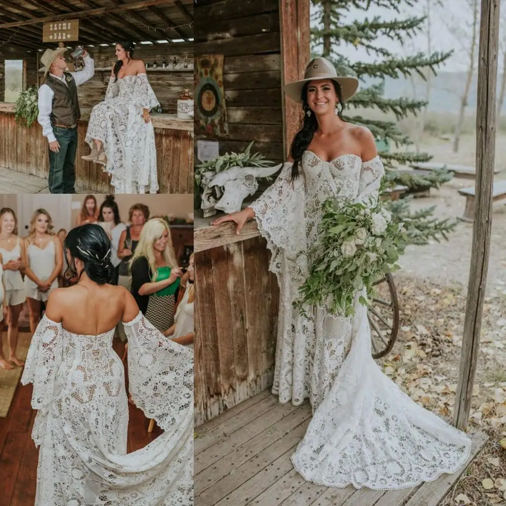 Epic Canadian Country Farm Wedding Dresses 2021 Vintage Crochet Lace Hippie Bohemian Bell Long Sleeve Bride Gowns Robe de mariee