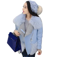 winter autumn faux fur coat ladies light blue high collar artificial fur coats women loose short jackets female big fur collar