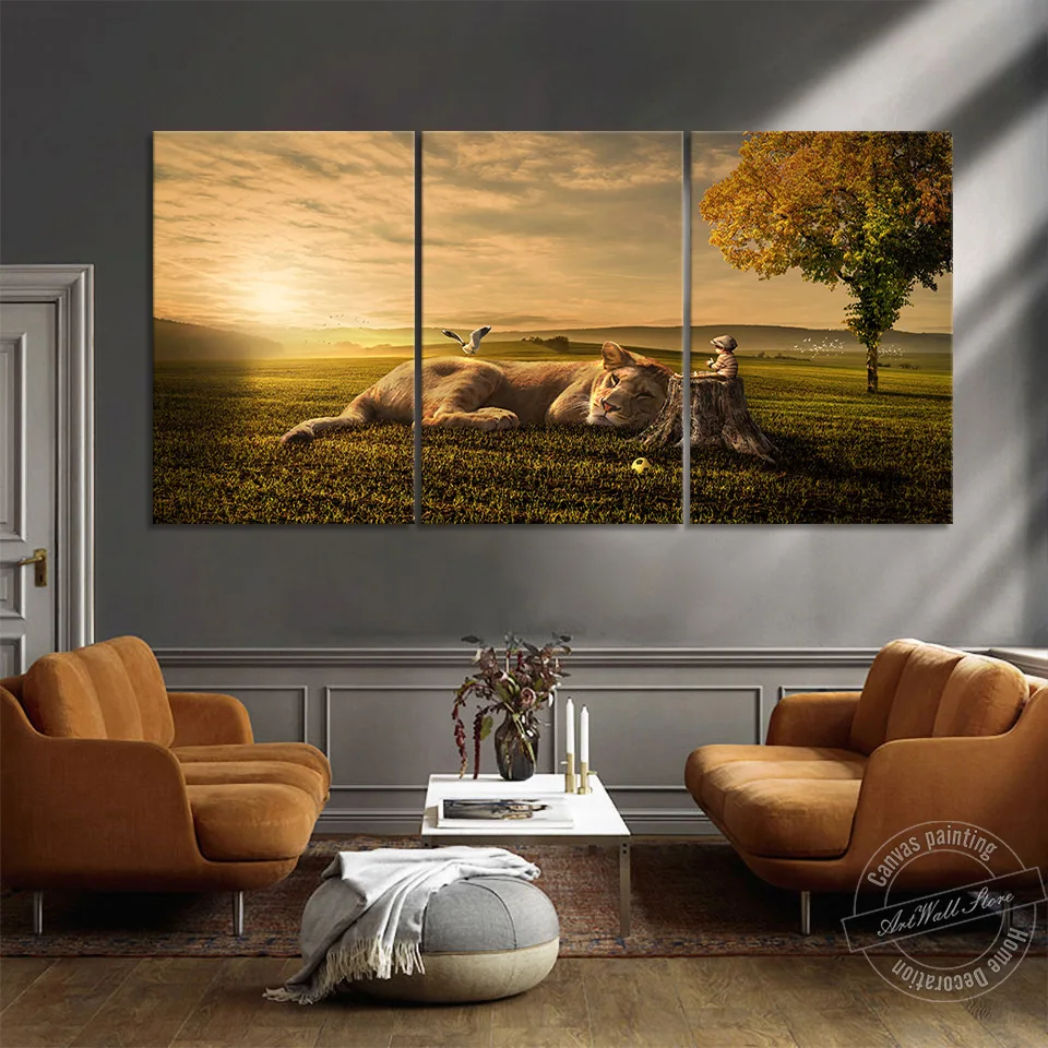 

Без рамки Лев и мальчик закат картина пейзаж животное плакат современное искусство настенные картины для гостиной природа вид настенная жи...