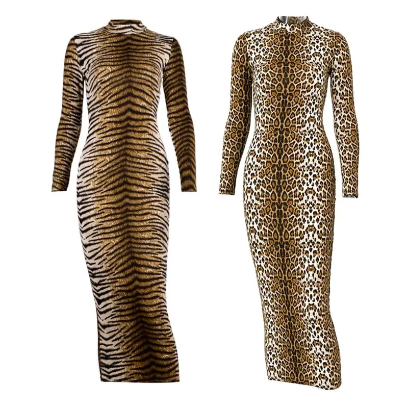 

Womens Long Sleeves Turtleneck Sexy Bodycon Midi Long Dress Animal Leopard Stripes Printed Empire Waist Cocktail Clubwear F42F