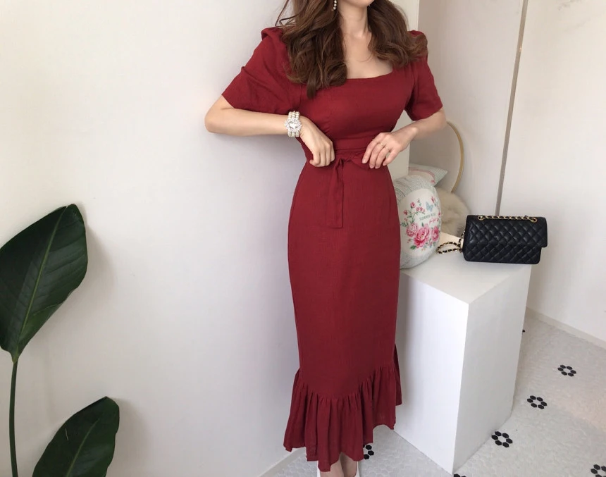 

New 2021 Women Spring Summer Cotton Linen Elegant Lace Up Dresses
