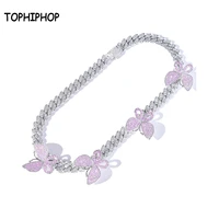 tophiphop pink butterfly cuban chain necklace hiphop male lady brass cz charm micro dense zircon jewelry gift