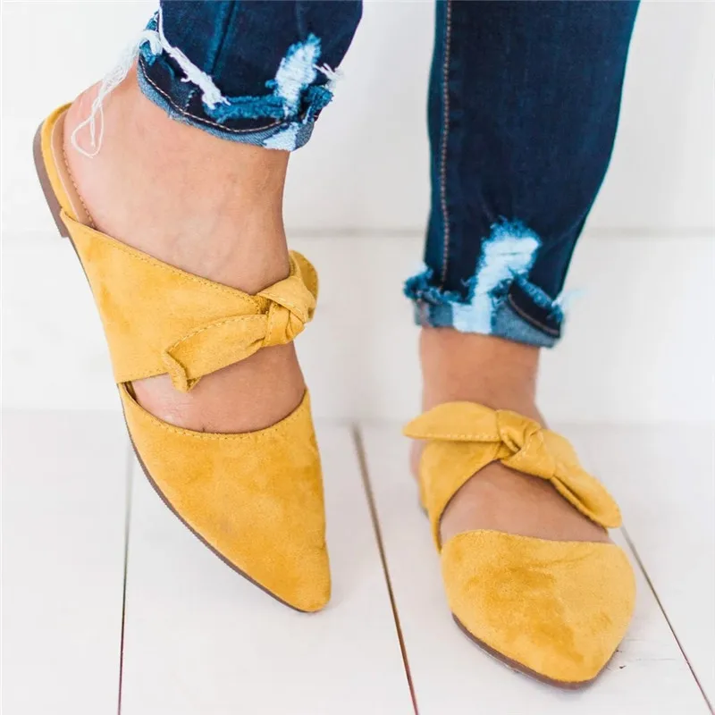 Летние женские сандалии на плоской подошве с бантом однотонные шлепанцы без