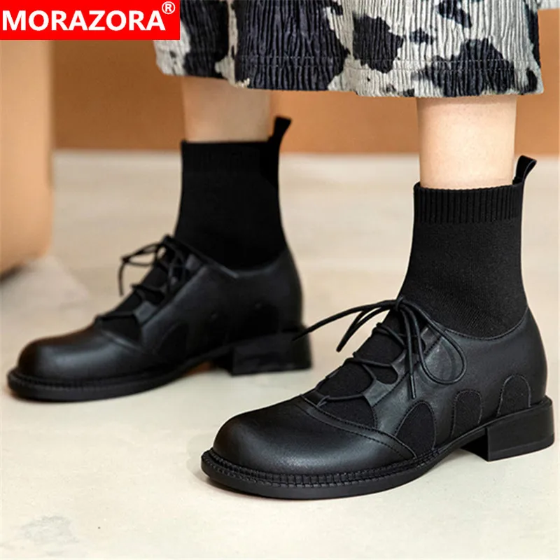 

Женские Эластичные ботильоны MORAZORA, черные повседневные эластичные ботильоны из натуральной кожи на низком каблуке, лето 2022