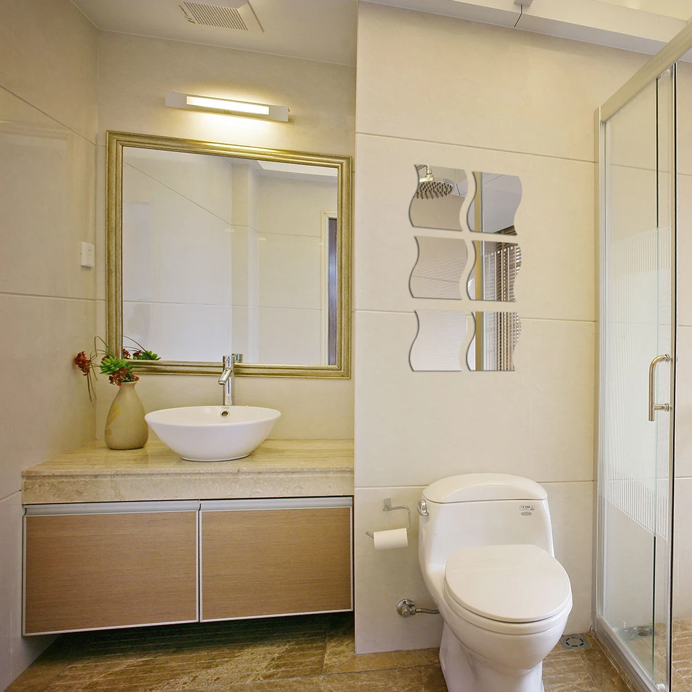 Зеркальные настенные наклейки 6 шт. 3D Волнистые квадратные клейкие для гостиной