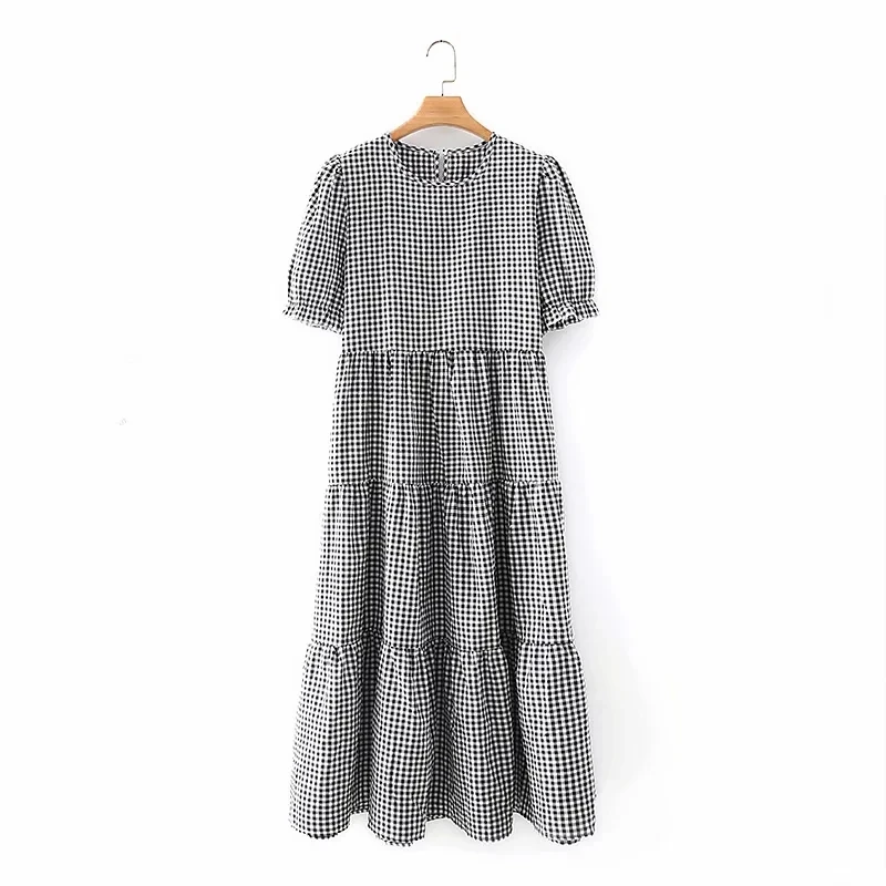 

Summer Women Tiered Ruffle Splicing Plaid Midi Dress Female Short Sleeve Clothes Casual Lady Loose Vestido D7532