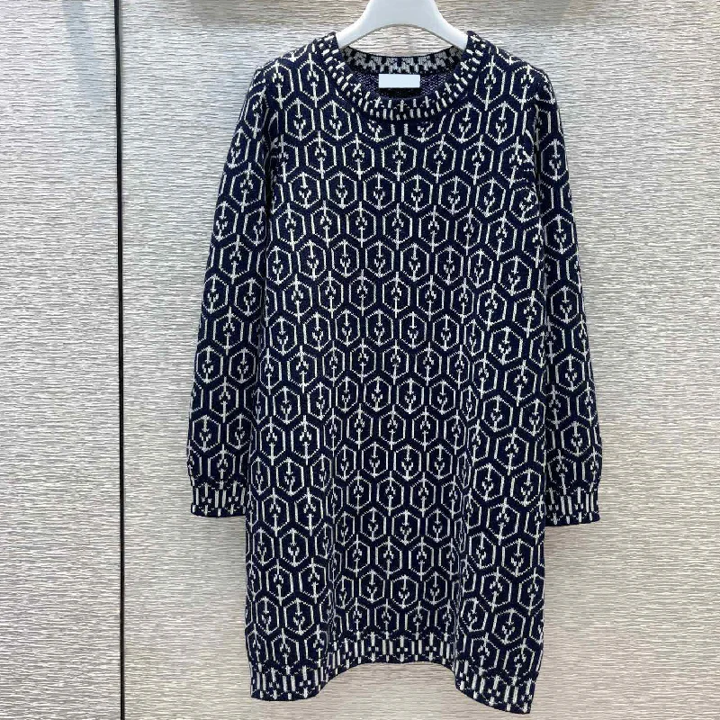 

luxury design retro geometric jacquard pattern temperament round neck knitted dress fashion women's long sleeve straight skirt