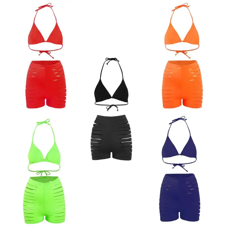 

Women Sexy Neon Solid Brazilian Bikini Halter Padded Hollow Out Shorts Swimsuit