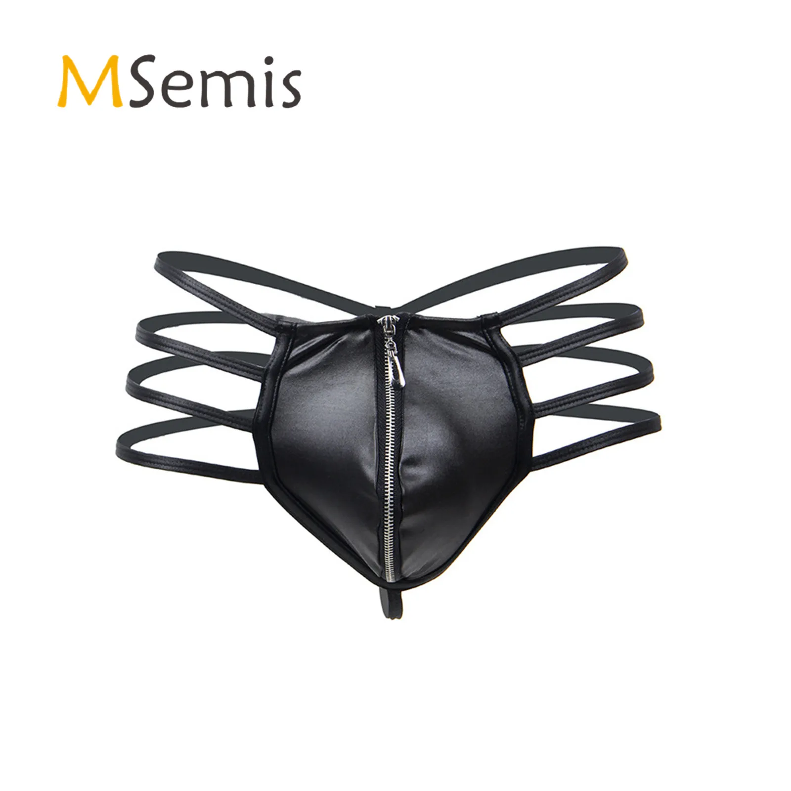 

Mens Lingerie Thongs Panties Faux Leather Zipper Bulge Pouch G-string Briefs Low Waist Strappy T-back Hollow Out Thong Underwear