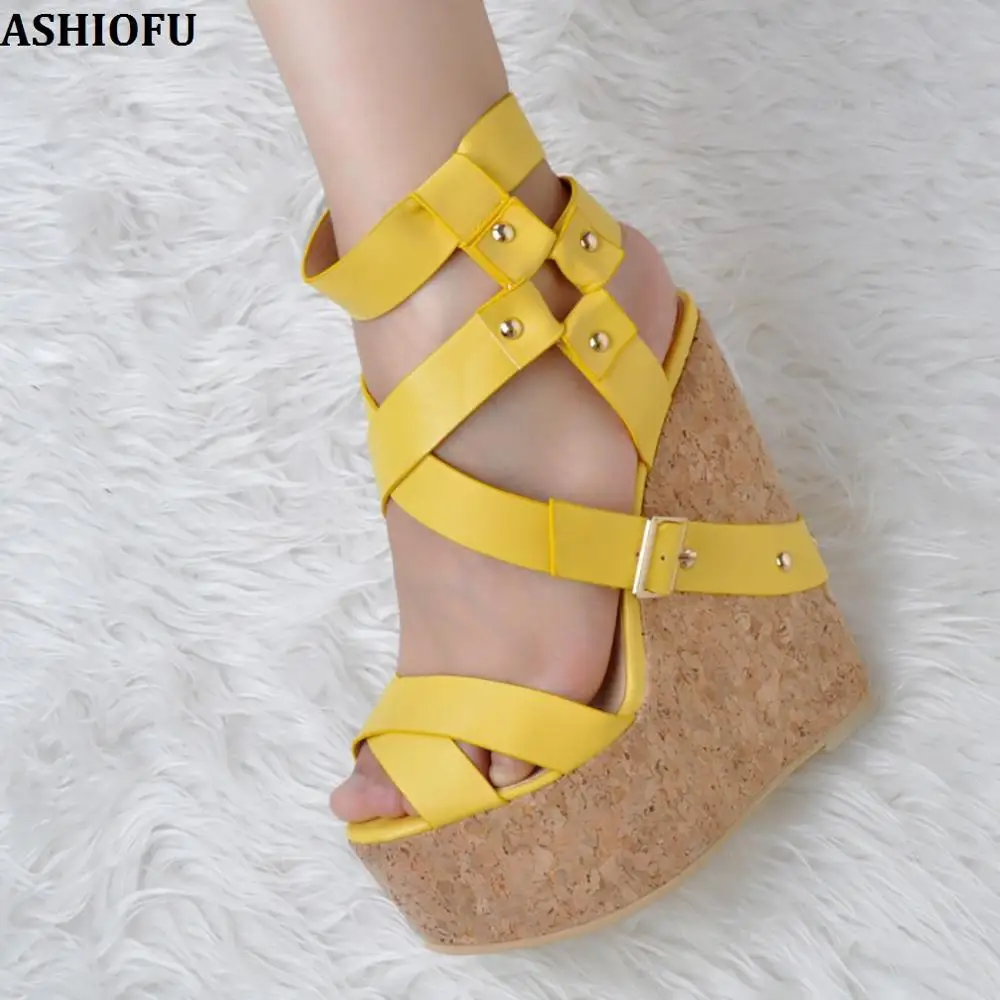 

ASHIOFU Handmade Ladies Wadge Heel Sandals Cross-straps Party Club Summer Shoes Evening Shiney Fashion Sandals Shoes