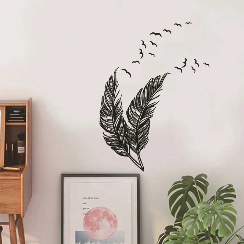 

Creative feather Wall Sticker Living room bedroom window glass decoration art Decals cupboard Stickers Removable wallpaper