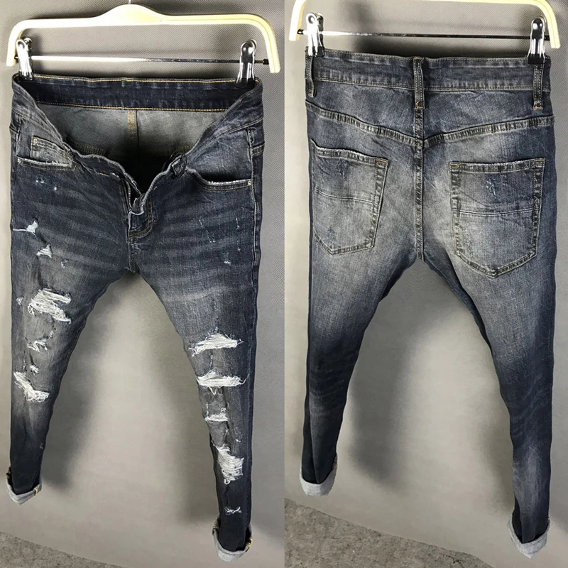 American Street Style Fashion Men Jeans Retro Dark Blue Destroyed Designer Slim Fit Ripped Jeans Men Hip Hop Denim Punk Pants