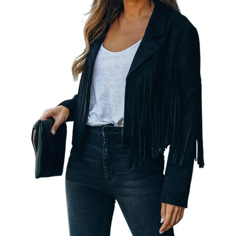 

Women Jacket 2021 Lady Coat Turn-down Autumn Coat Collar Solid Color Tassel Cardigan Women Jacket for Parties
