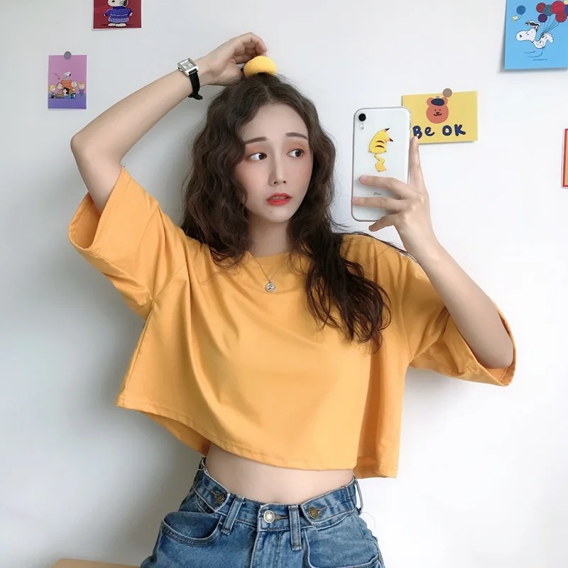 Футболка женская с круглым вырезом Модный повседневный свободный кроп топ