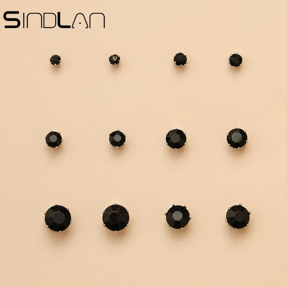 Sindlan 6 пар простые черные Кристальные Комплект сережек для женщин-гвоздики милые