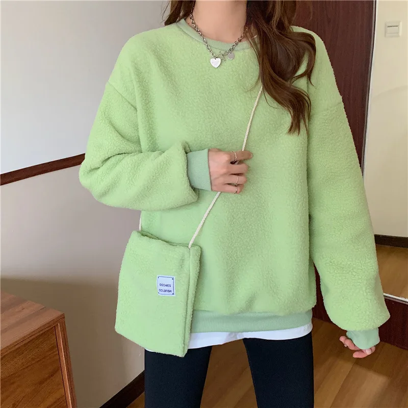 Women Harajuku Solid Sweatshirt with Bag Long Sleeve Hoodie Pullover Cotton Loose Hoodies Kawaii Sweetshirt for Girls Tracksuit