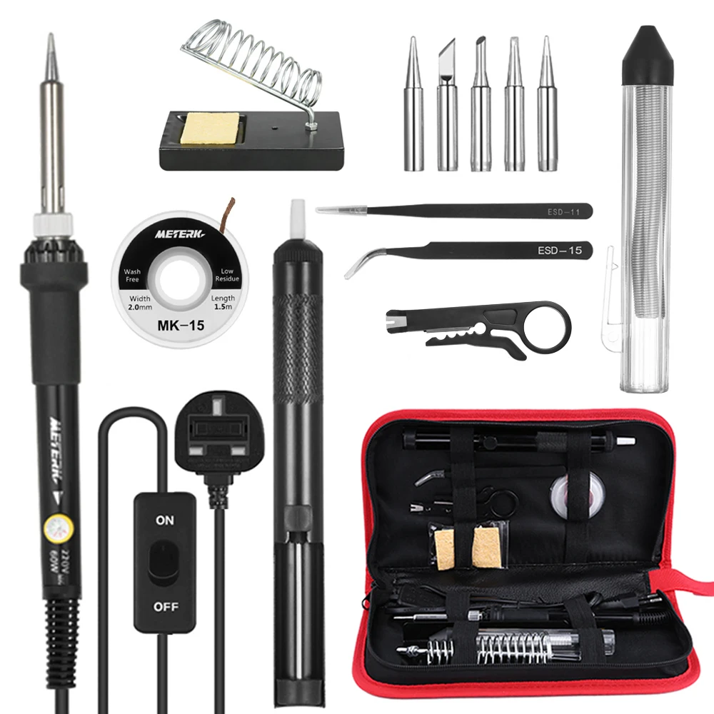 

14pcs 60W Soldering Iron Kit Welding Tools Adjustable Temperature 200～450℃ Soldering Tips Desoldering Pump Solder Wire Tool bag