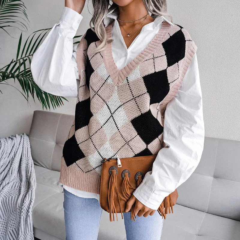 

Autumn College Style Diamond Print Tank Sweater Casual Elegant Women Knitted Vest Sweater Casual All-Match Pullover Tops Mujers