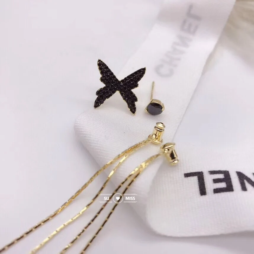 

Classic Rhinestone Black CZ Stone Butterfly Tassel Women Dangle Earrings Long Asymmetrical Earrings Women Party Drops Earrings