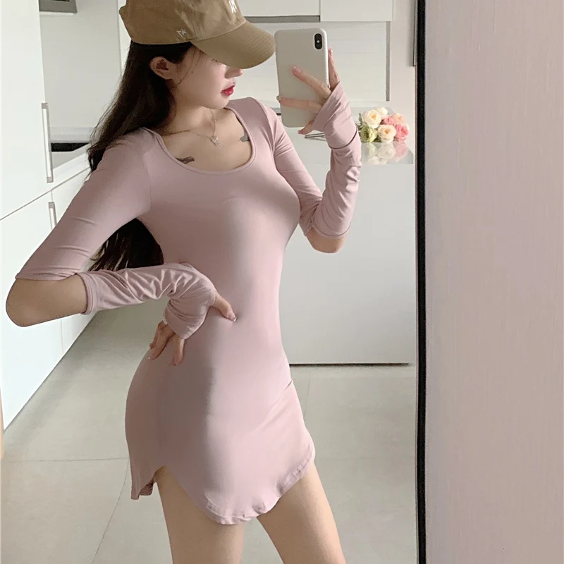

Korean Retro Tight-fit Slim Thin Ladies Buttocks Dresses 2021 Autumn New Sexy Simplicity Party Long-sleeve Mini DrDress Vestidos