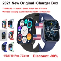 2021 new smart watch men t100 plus 11 watch 7 1 75 inch wireless charging dual button bluetooth call heart rate original box