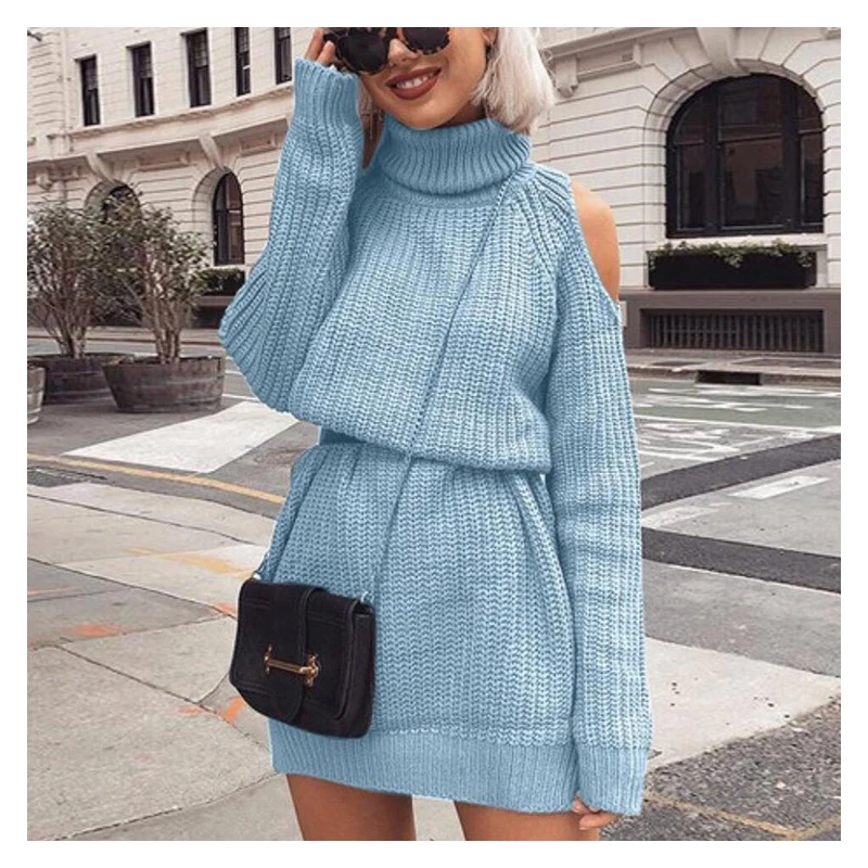 

Turtleneck Knitwear Women's Dresses Autumn Casual Fashion Office Lady Off Shoulder Female Winter Long Sleeve Midi Sweater Dress