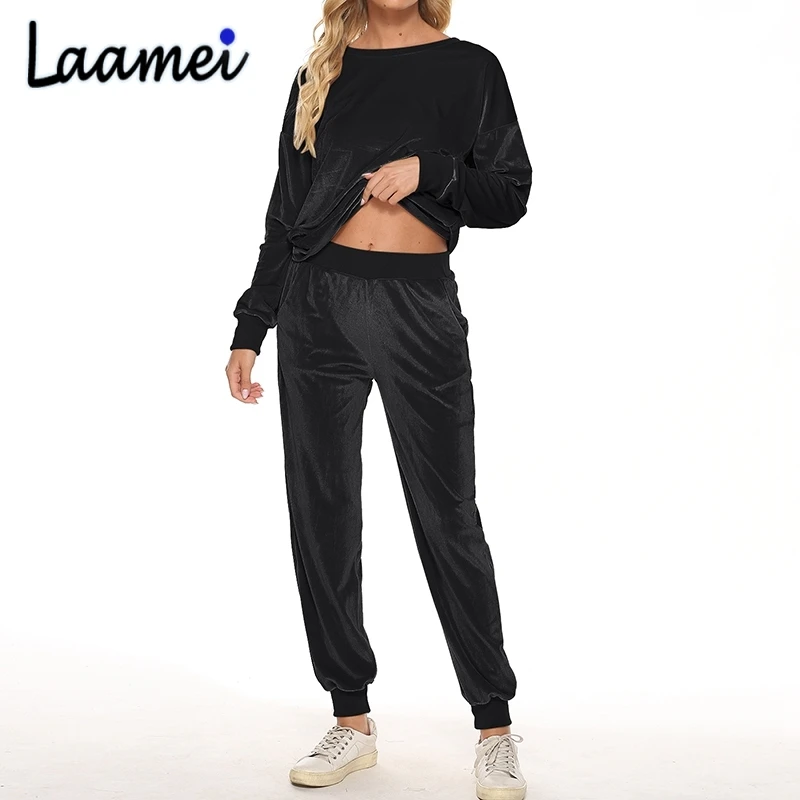 

Laamei Velvet 2 Piece Set Women Spring Long Sleeve O Neck Top And Casual Pocket Pants Suit Tracksuit Streetwear Leisure Homewear