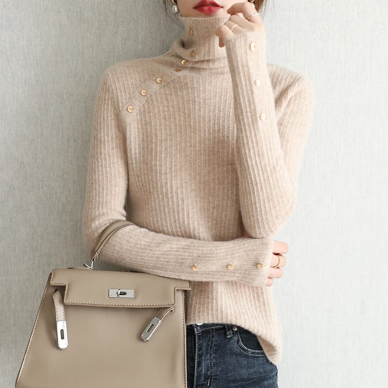 

Осенне-зимний шерстяной свитер для женщин, кашемировая водолазка, вязаный женский теплый свитер на пуговицах, бесплатная доставка