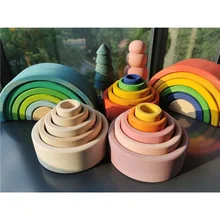 Baby Montessori Wooden Toys Rainbow Nesting Bowls /Unpaint Nature Wood Stackable  Arch Colorful Forest Trees