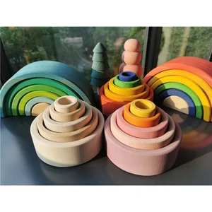 baby montessori wooden toys rainbow nesting bowls unpaint nature wood stackable arch colorful forest trees free global shipping