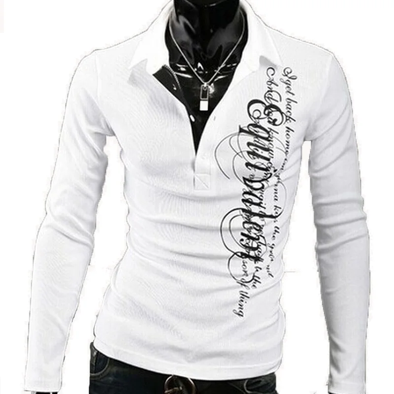 

ZOGAA Men's Polo Shirts Long Sleeve Breathable Casual Letter Printed Cotton Tops Mens Turn-down Collar Slim Fit Polo Homme 2021