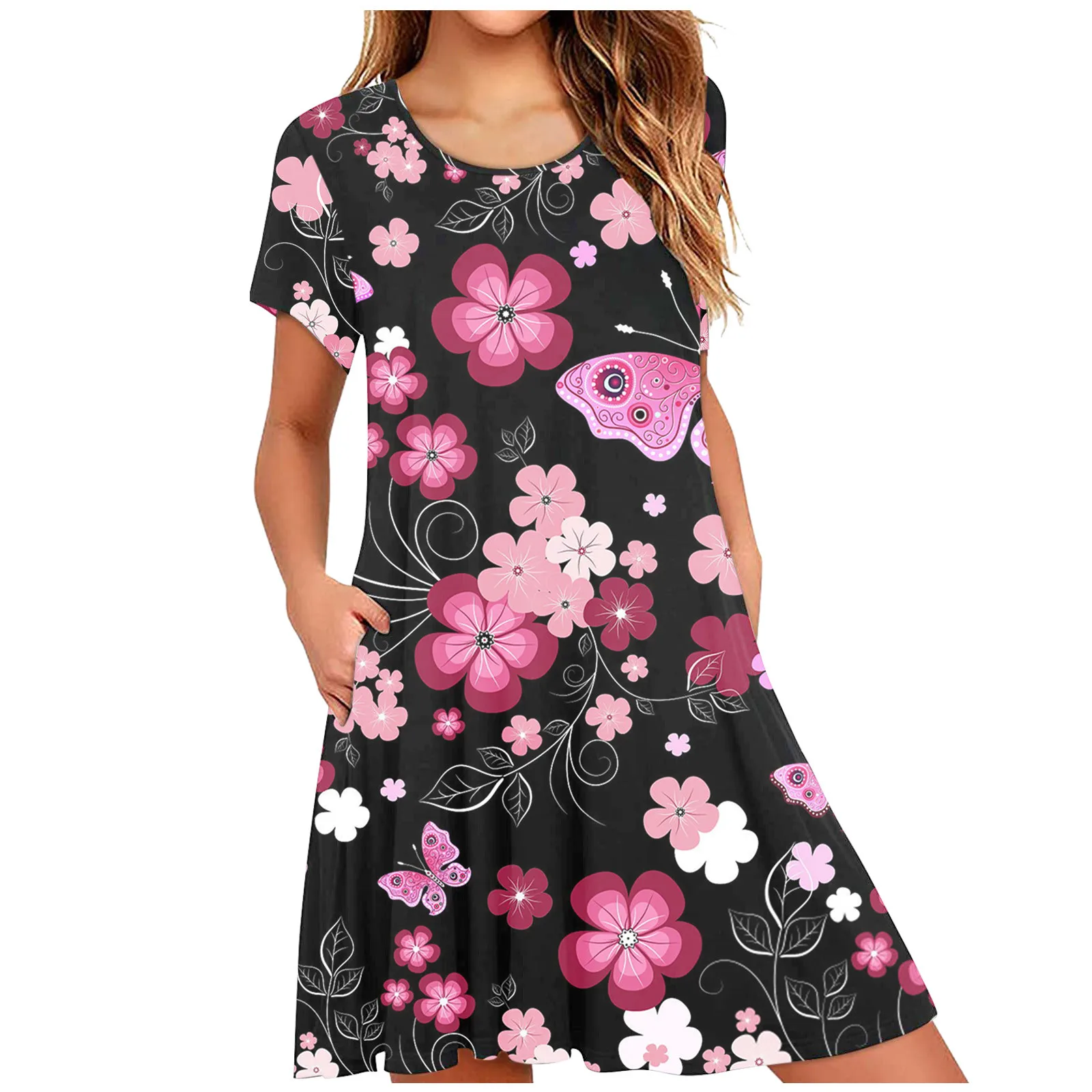 

40# Vintage Floral Print Dress Woman O-neck Boho Short Sleeve High Waist Ladies Short Sleeve Slim Big Swing Dress Mini Dress