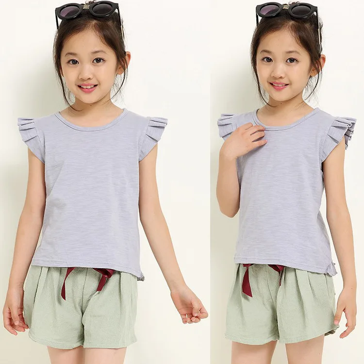 

2020 summer kids clothes sets Girls Butterfly Short sleeve+Shorts pants Suit Solid color Toddler tees tops Children's clothing