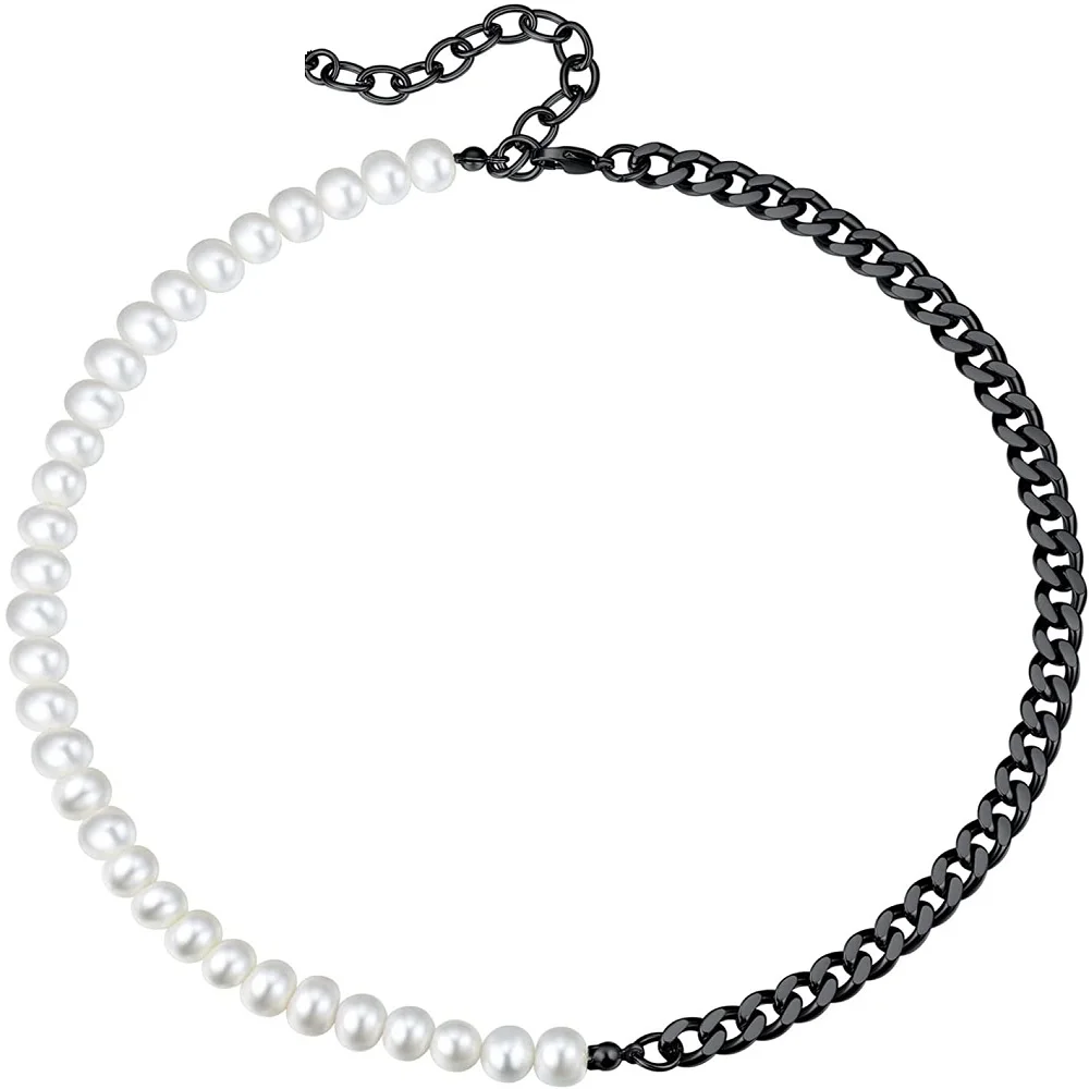 

New Cuban Chain and Pearl Combination Necklace for Women Men Stainless Steel Couples Jewelry Choker Accessories Collar Gift DIY