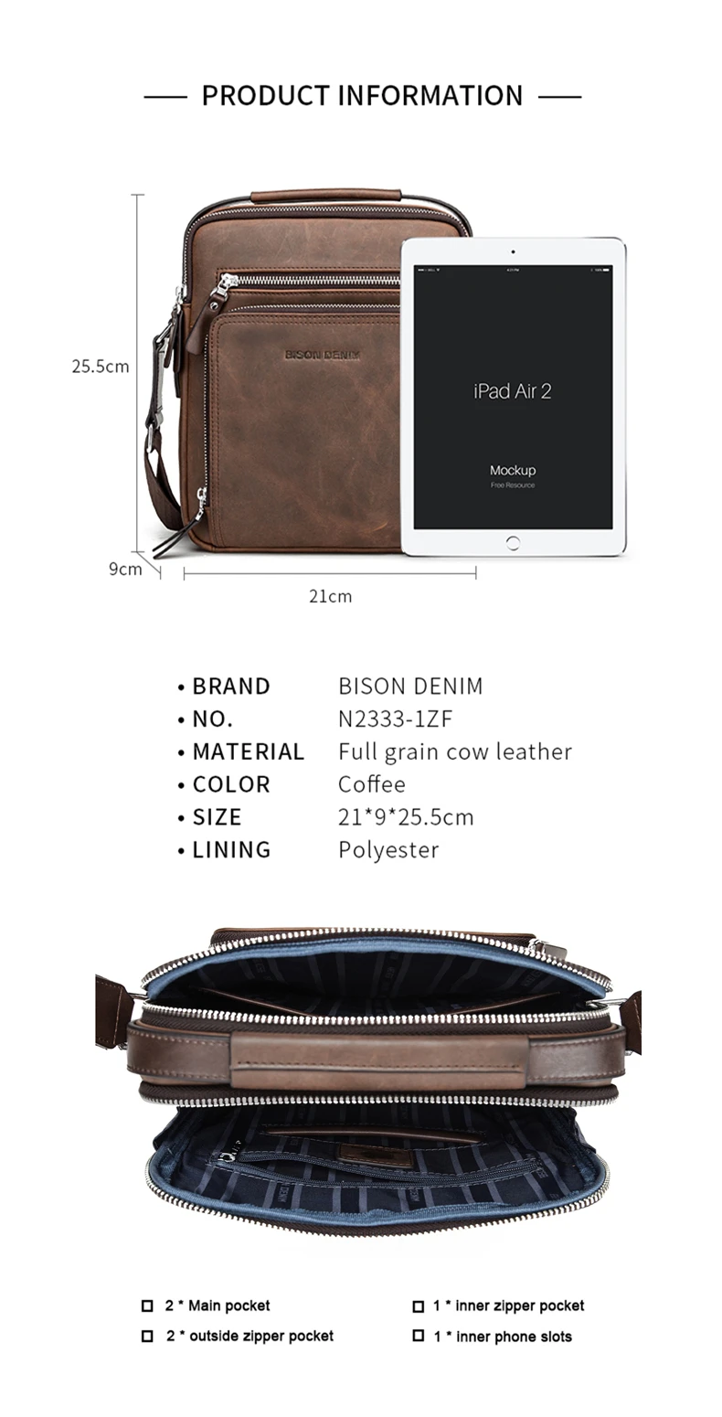 BISON DENIM мужские сумки из натуральной кожи, сумки для Ipad, мужская сумка-мессенджер, мужская сумка через плечо, мужские дорожные сумки N2333