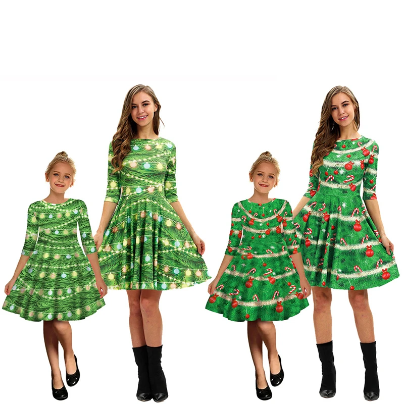 

Family Matching Outfit Autumn Green Grass Christmas Print Mother Daughter Parent Child Slim Princess Dress Girl Kid Home Clothes
