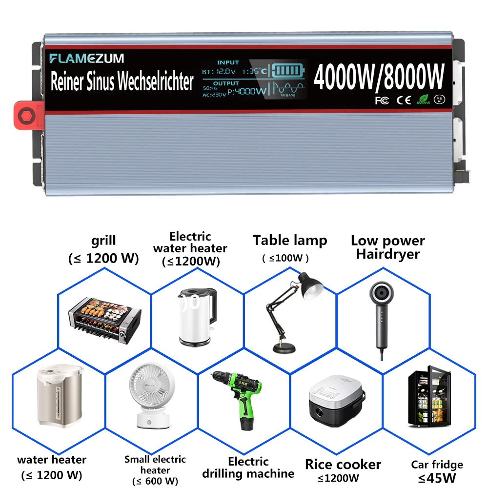 Чистая синусоида Инвертор 8000W 7000W 5000W 4000W 3000W 2400W 2000W DC12V/24V/48V к переменному току 120V 220V