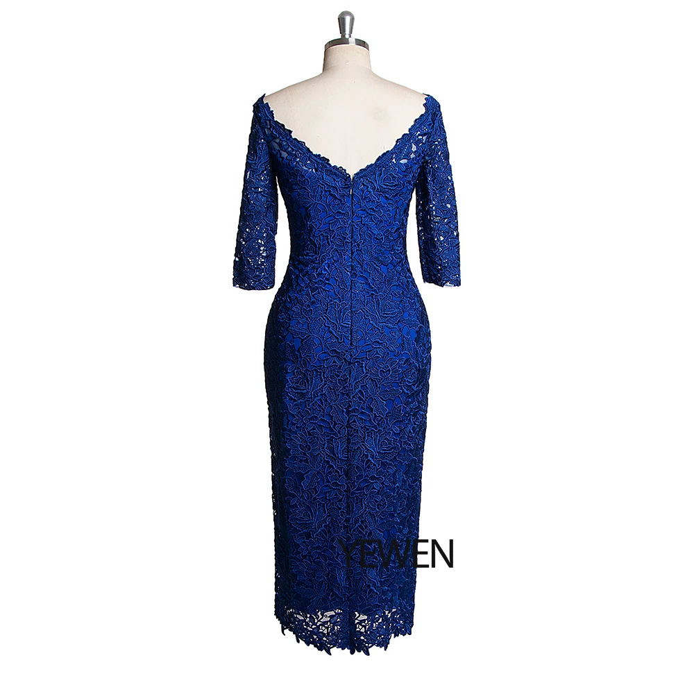 Королевское синее вечернее платье с вырезом лодочкой 2019 рукав до локтя длина
